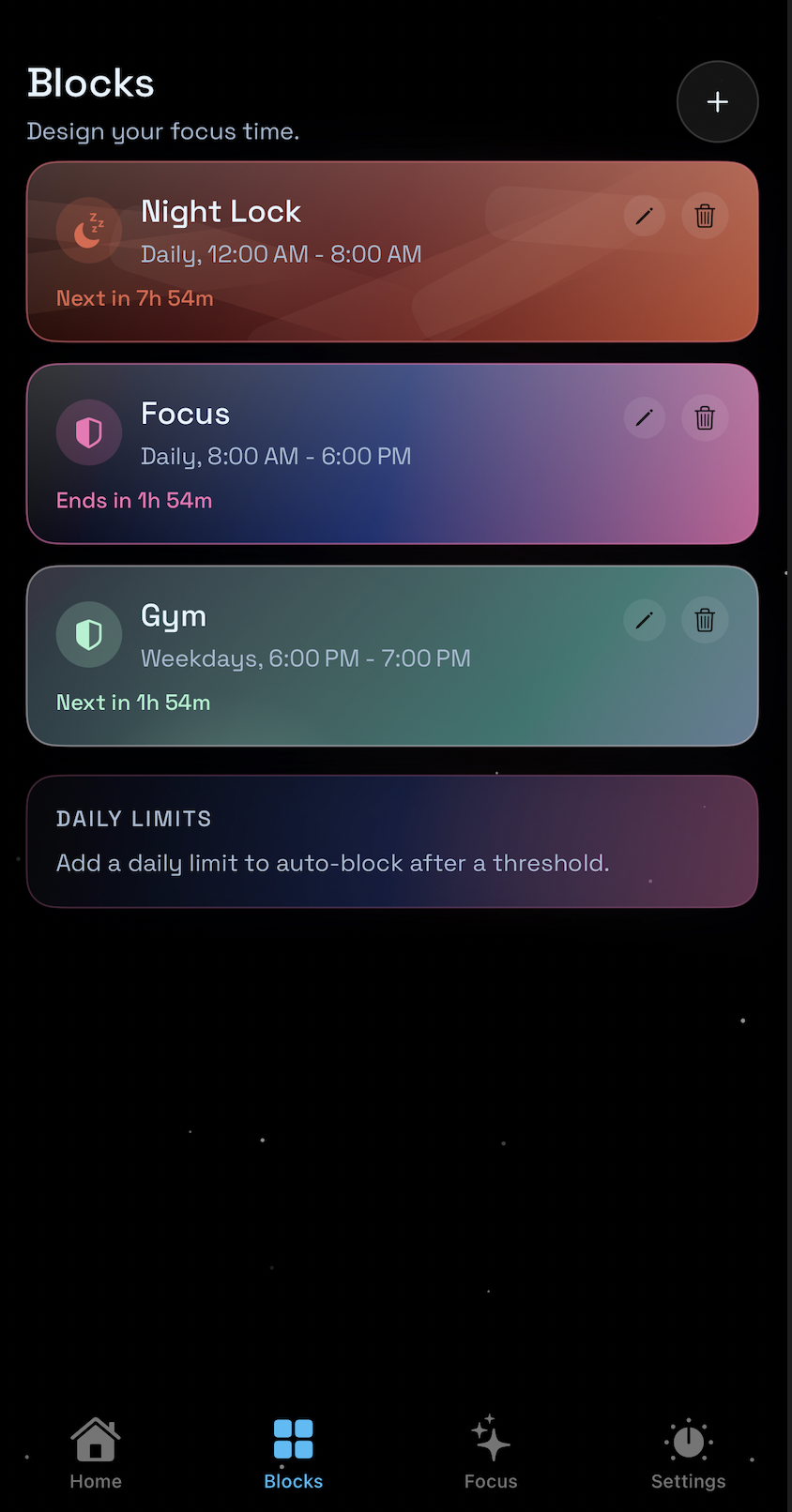 Astradic blocks schedule screen preview