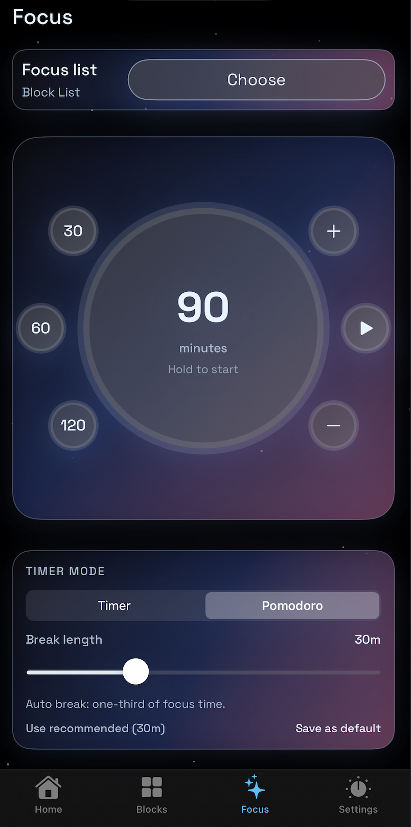 Astradic focus timer screen preview